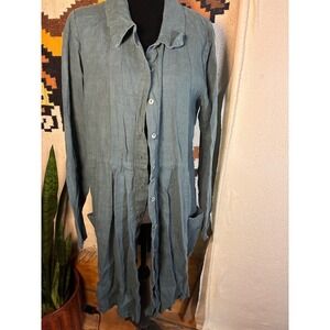 The Pink Tulip Linen Shirt Dress Womens M Teal Blue Excellent Pleated Lagenlook